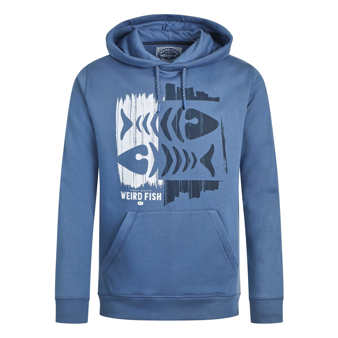Front view of a blue hoodie with fishbones print design and Weird Fish branding on a white background