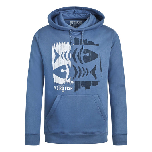 Front view of a blue hoodie with fishbones print design and Weird Fish branding on a white background