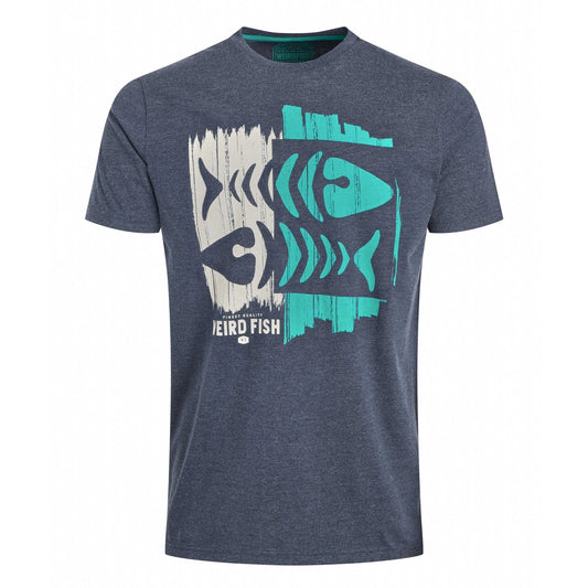 Front view of a mens navy Weird Fish short sleeve Double Fish t-shirt with fishbones logo print on a white background