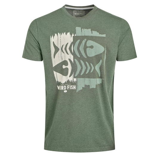 Front view of a mens Weird Fish Double Fish t-shirt in Deep Lichen Green with a fishbones logo print on a white background