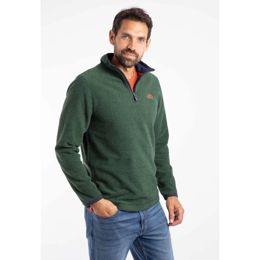 Man wearing a green Weird Fish pullover fleece with a logo on a white background