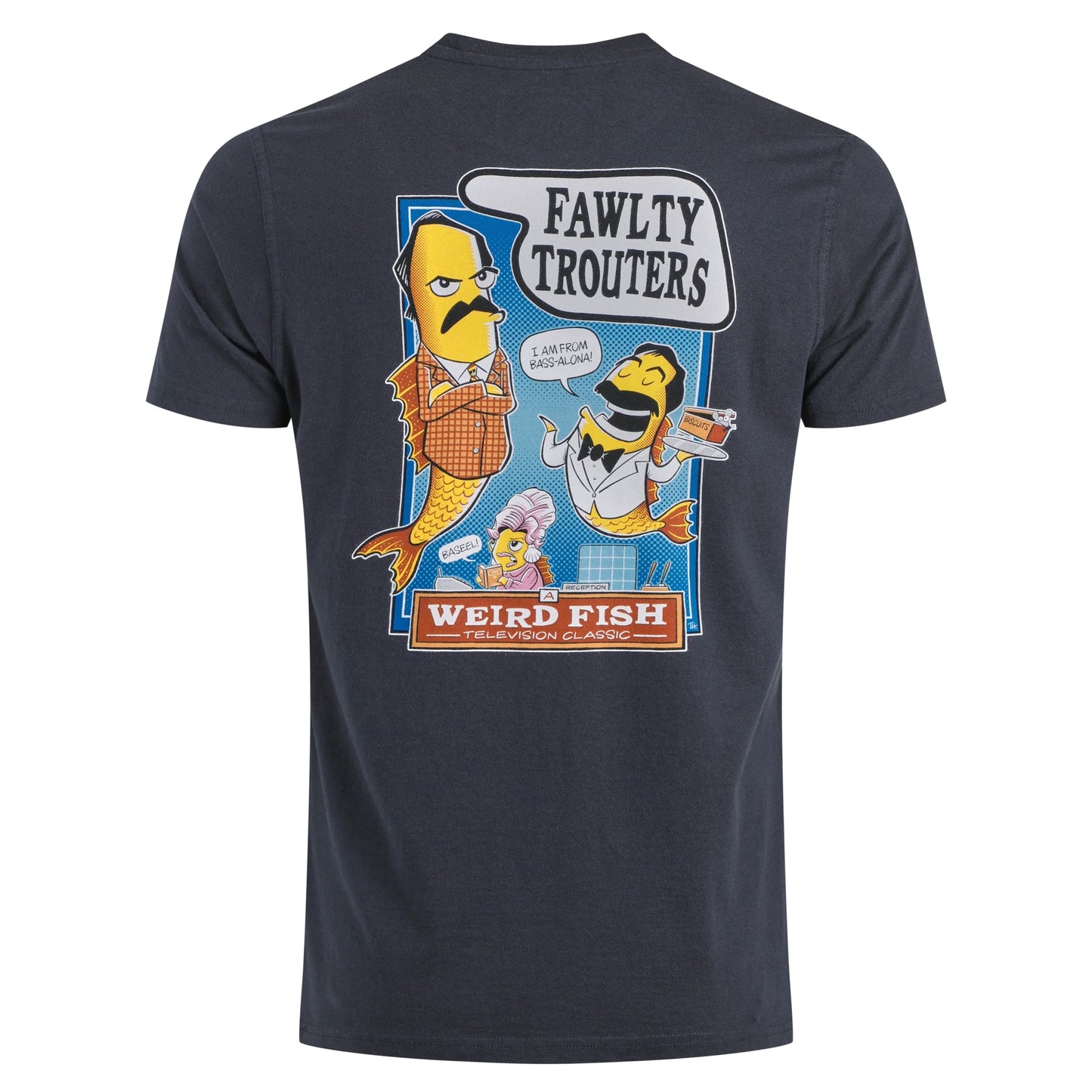 Front view of a Weird Fish mens Fawlty Trouters T-Shirt Navy with cartoon fish characters and bold graphic print on back