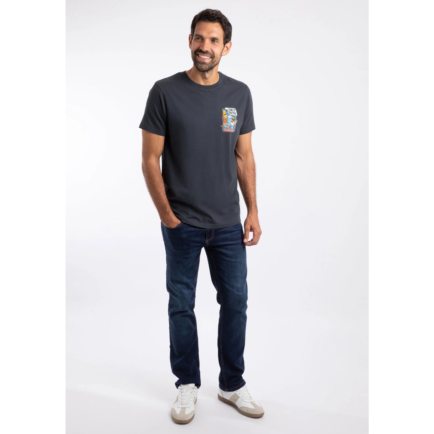 Man wearing Weird Fish mens Fawlty Trouters T-Shirt Navy with graphic print and casual jeans