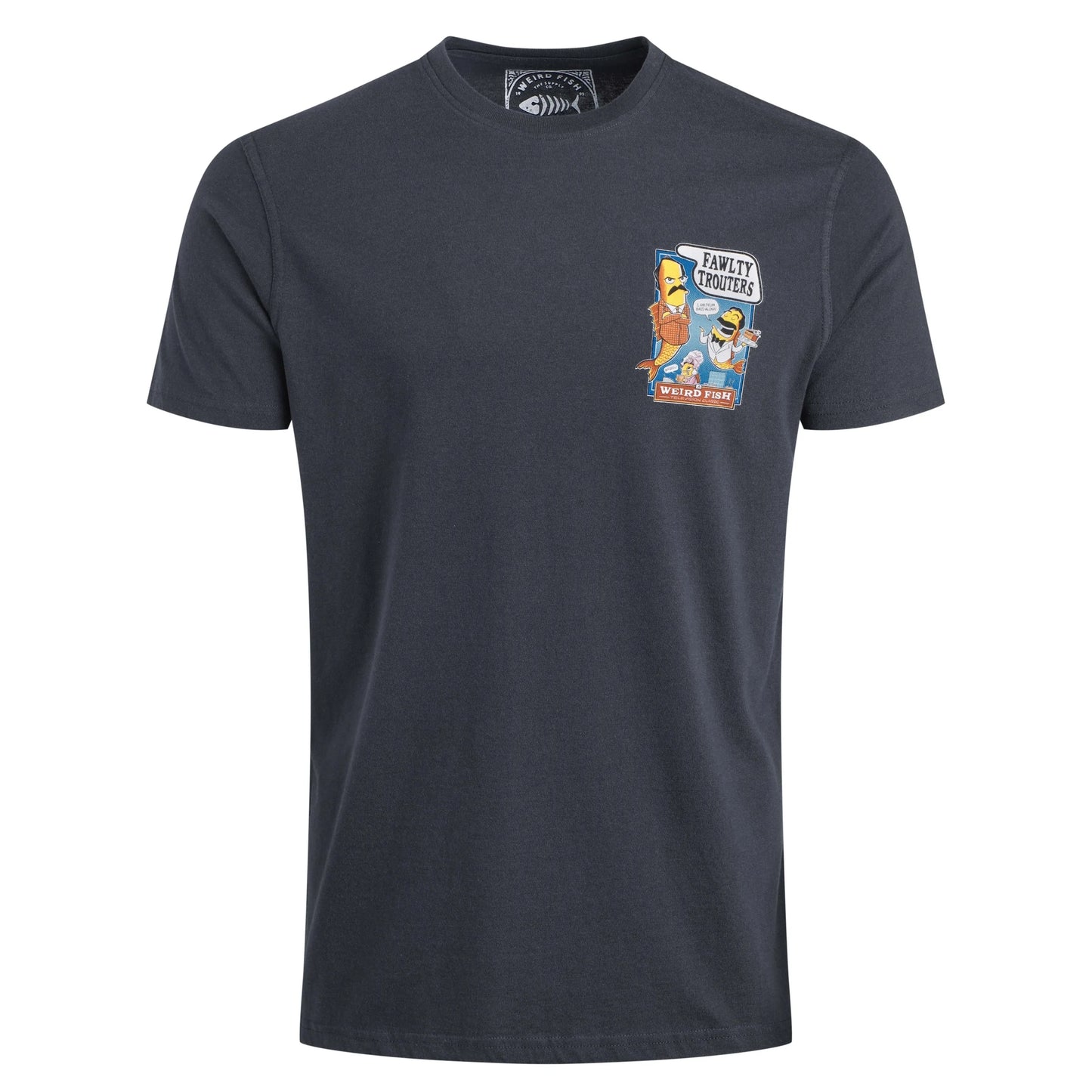 Weird Fish mens Fawlty Trouters T-Shirt Navy with graphic logo on chest and short sleeves