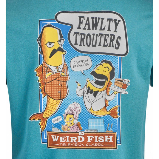 Weird Fish mens Fawlty Trouters t-shirt Teal with cartoon fish characters and graphic print