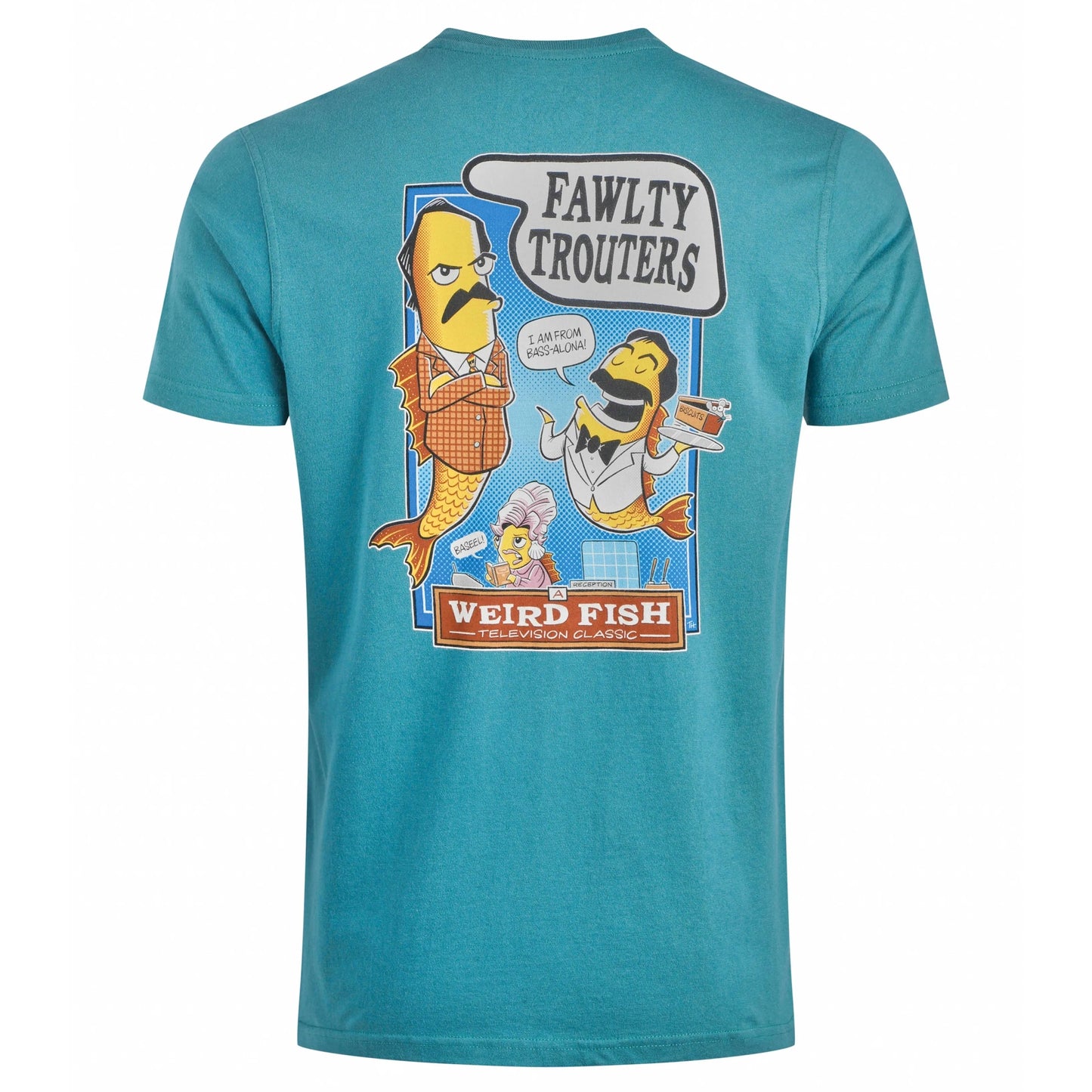 Front view of a Weird Fish mens Fawlty Trouters t-shirt Teal with cartoon fish characters and logo print on back