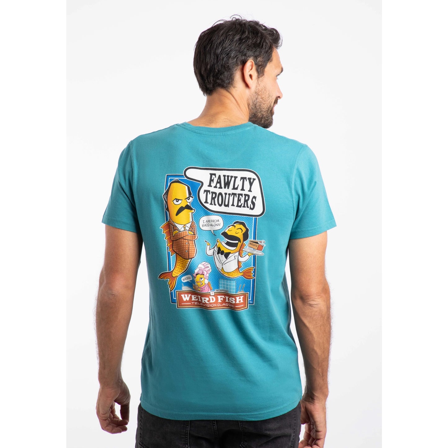 Front-view of a Weird Fish mens Fawlty Trouters t-shirt Teal with colourful cartoon fish graphic