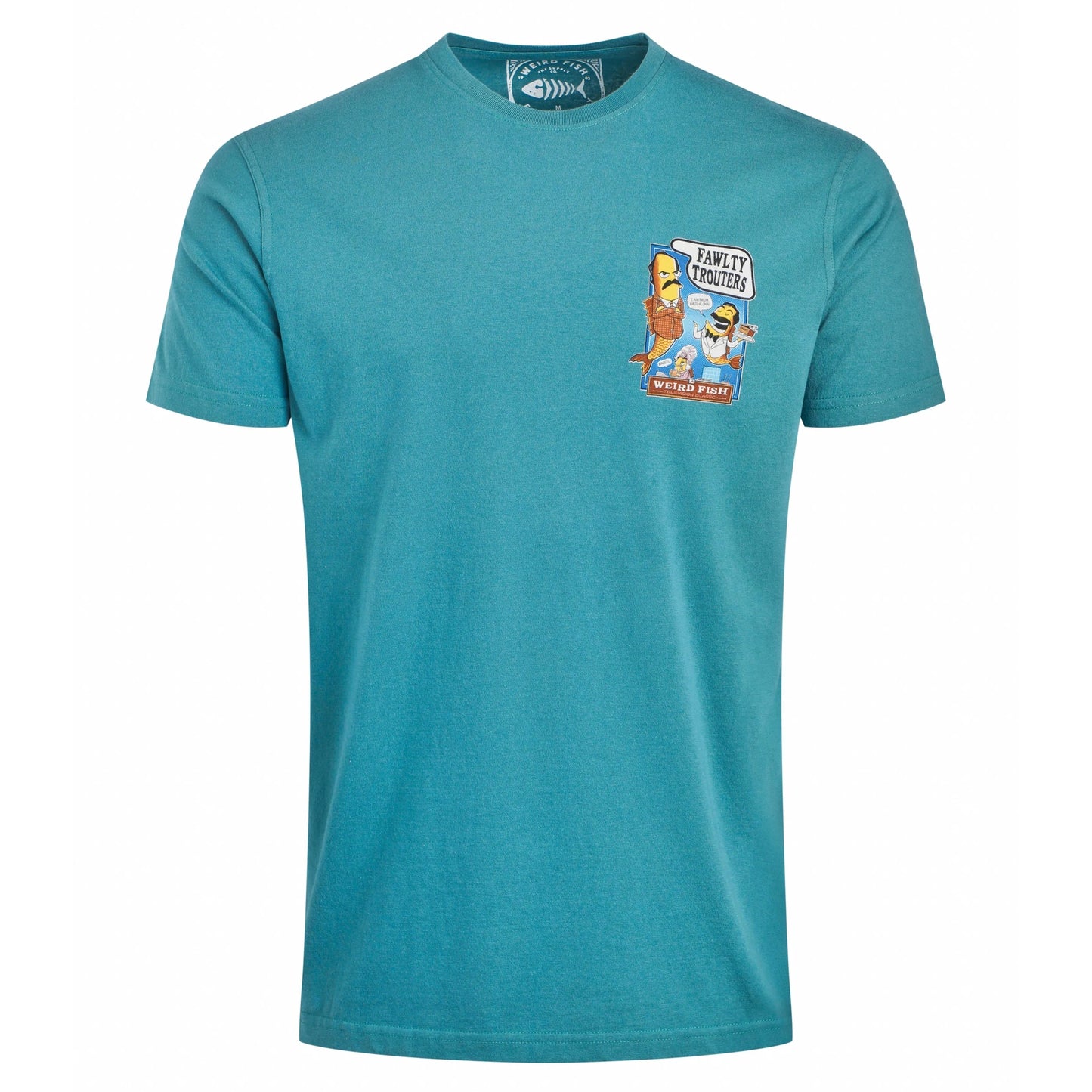 Weird Fish mens Fawlty Trouters t-shirt Teal with graphic print on chest pocket area
