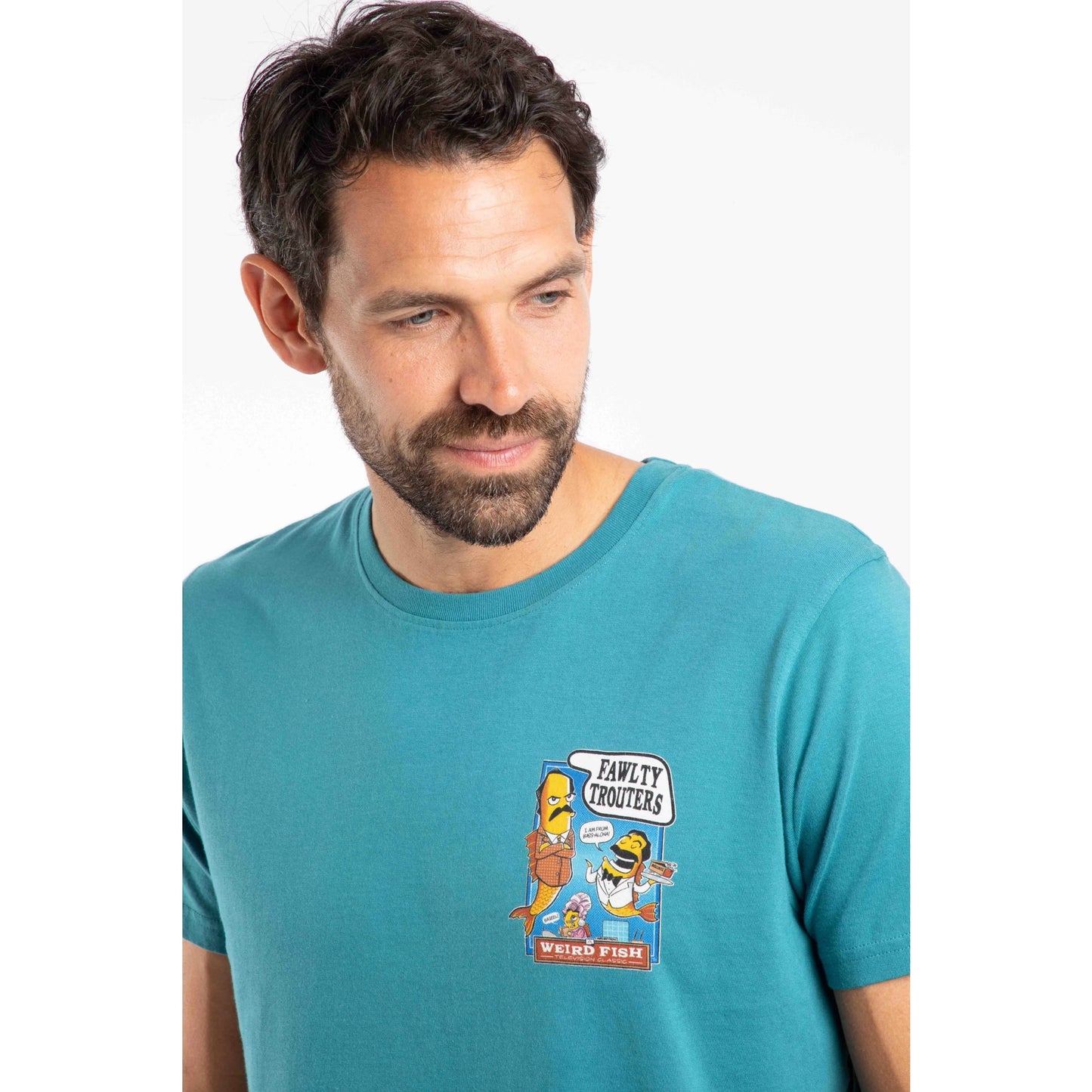 Weird Fish mens Fawlty Trouters t-shirt Teal with cartoon graphic on chest worn by male model