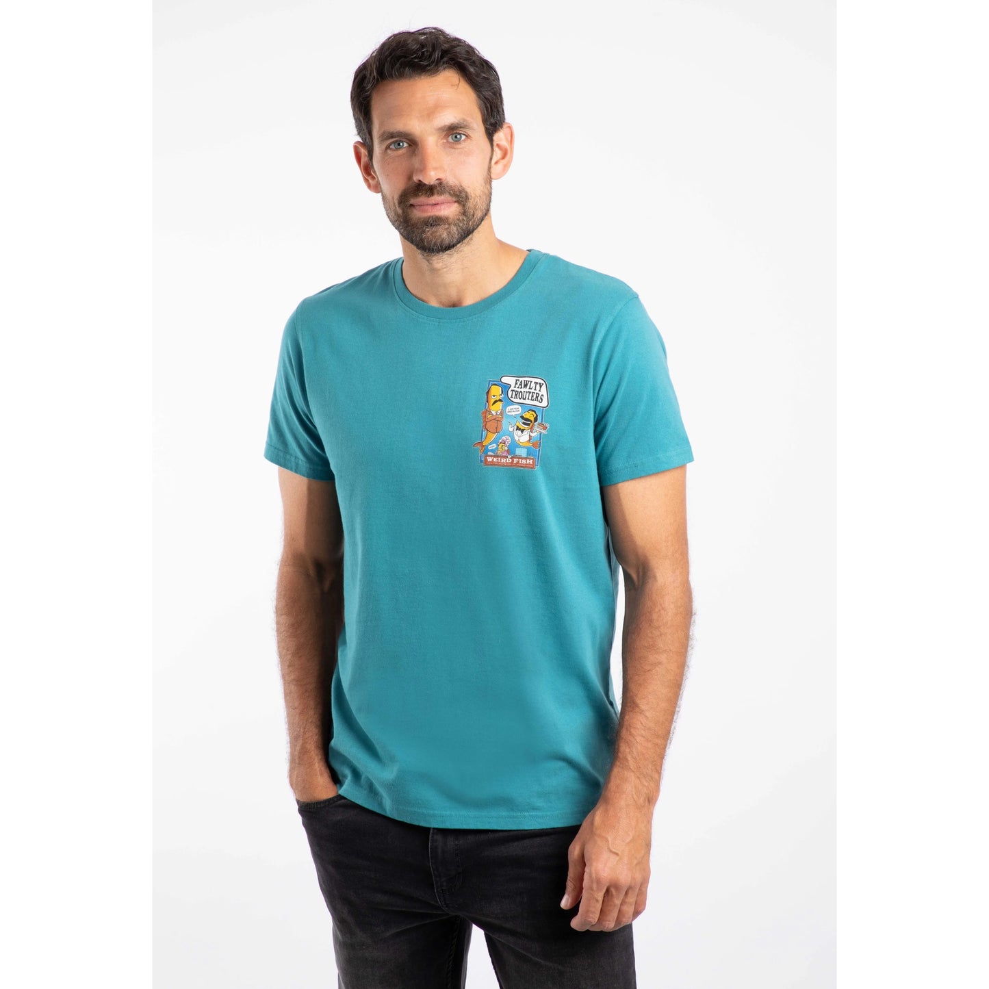 Weird Fish mens Fawlty Trouters t-shirt Teal worn by man with graphic print on chest