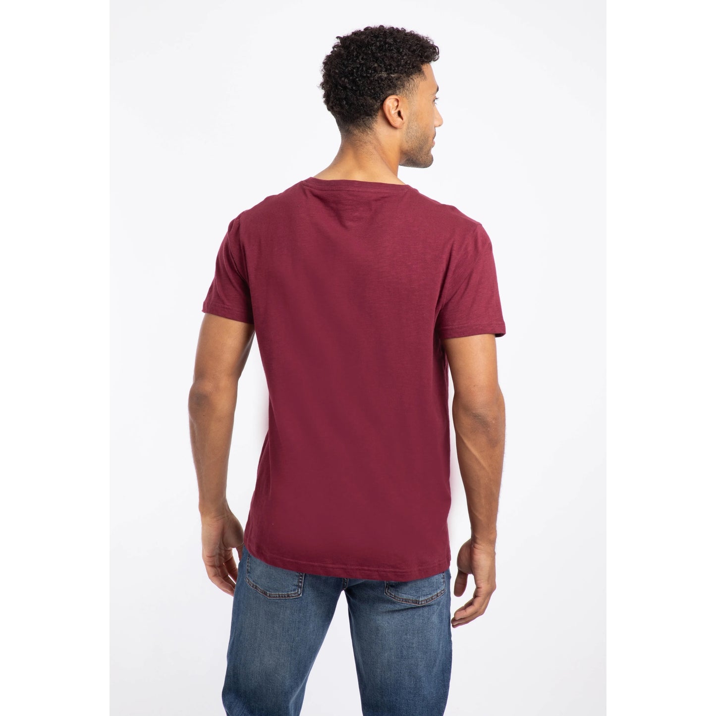 Weird Fish mens Fished t-shirt red in plain back view worn with blue jeans