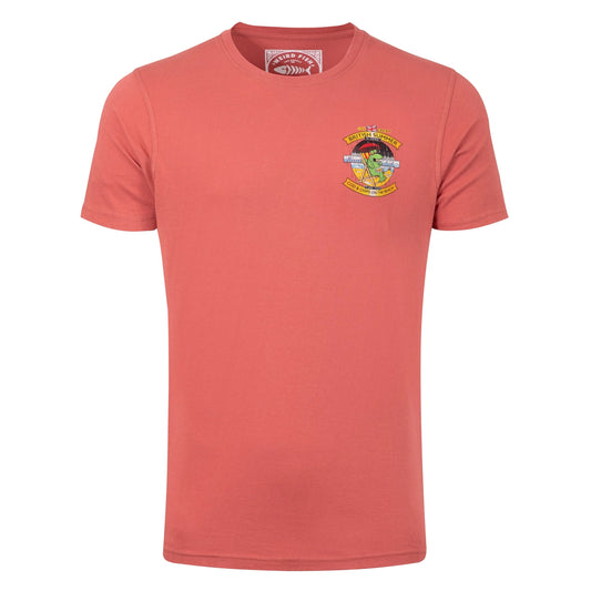 A Weird Fish mens Cod and Chips print short sleeve t-shirt in Nantucket Red with small print on the front.