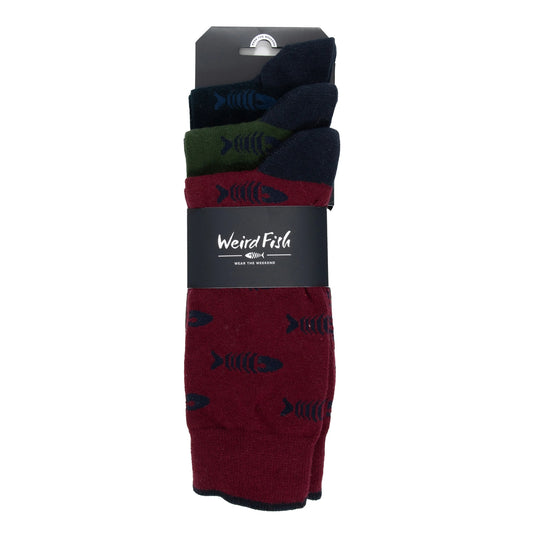 Main front view of a pack of three pairs of men's Weird Fish Ronan socks in red, green and black with a fishbones pattern.