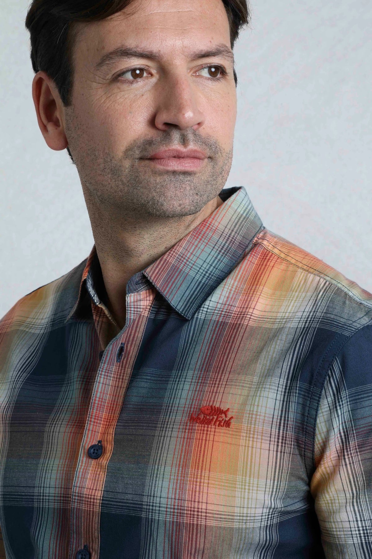 Weird Fish mens Judd check shirt Ensign Blue worn by male model showing front and collar details