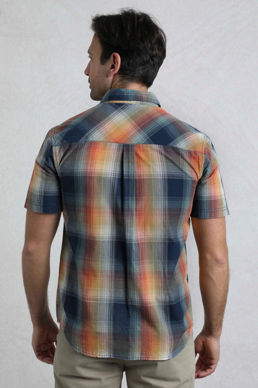 Back view of Weird Fish mens Judd check shirt Ensign Blue with short sleeves on a male model