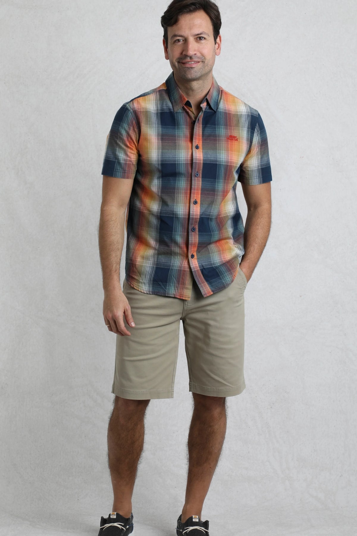 Weird Fish mens Judd check shirt Ensign Blue short sleeve casual shirt worn by male model