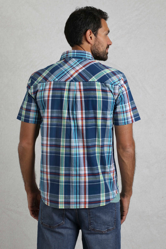 Weird Fish mens Judd check shirt Estate Blue short sleeve casual checkered shirt on model