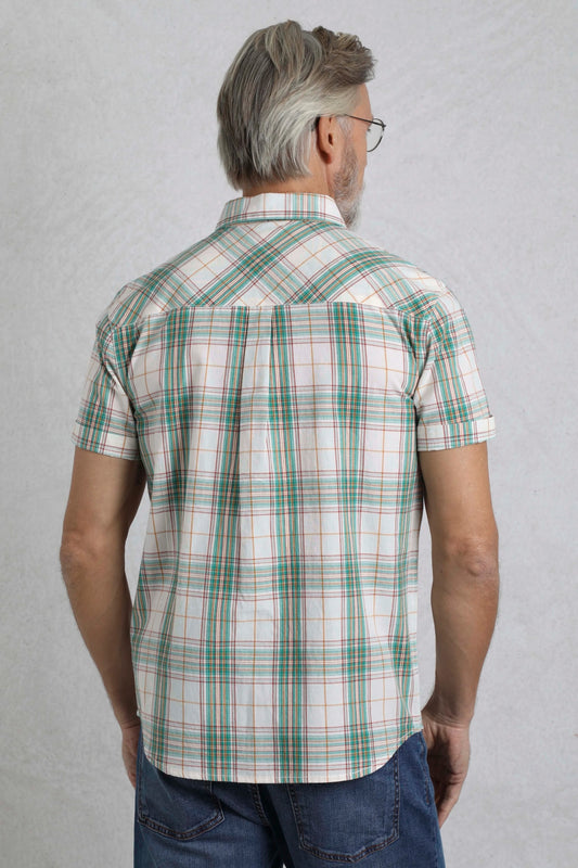 Back view of man wearing Weird Fish mens Judd check shirt Viridis Green short sleeve casual shirt