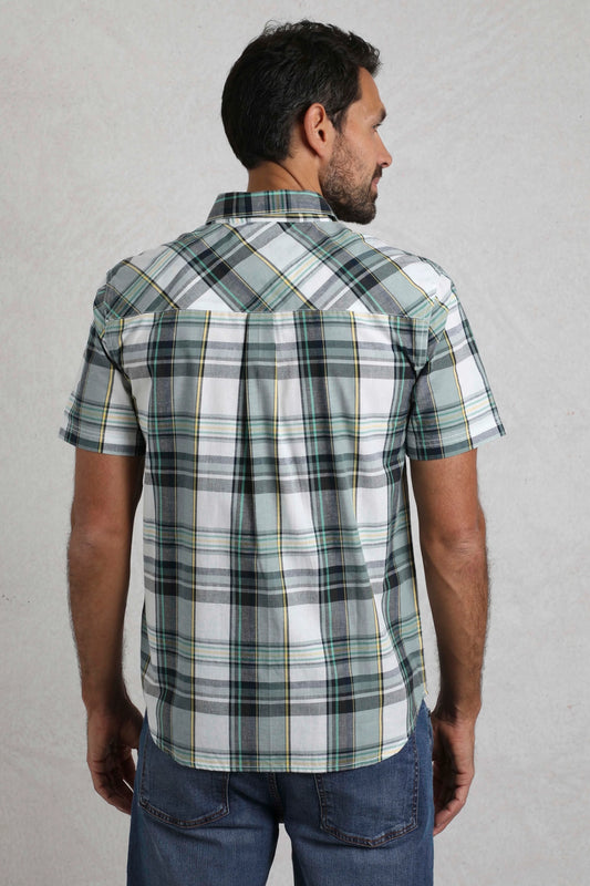 Back view of man wearing Weird Fish mens Judd check shirt White with short sleeves and plaid pattern