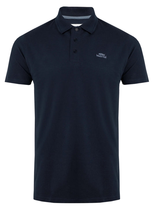 Weird Fish mens navy polo shirt with short sleeves and button collar