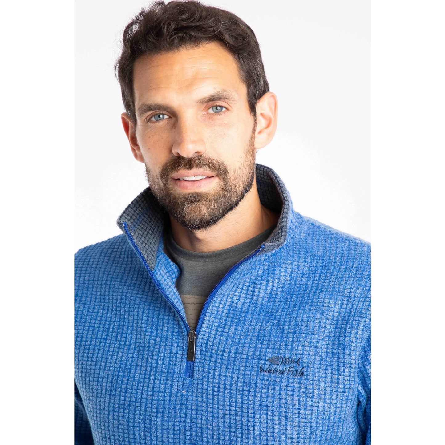 Weird Fish mens Newark grid fleece in Blue half zip pullover with textured pattern and logo