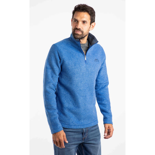 Front view of a Weird Fish mens Newark grid fleece in Blue with half zip and textured fabric worn by male model
