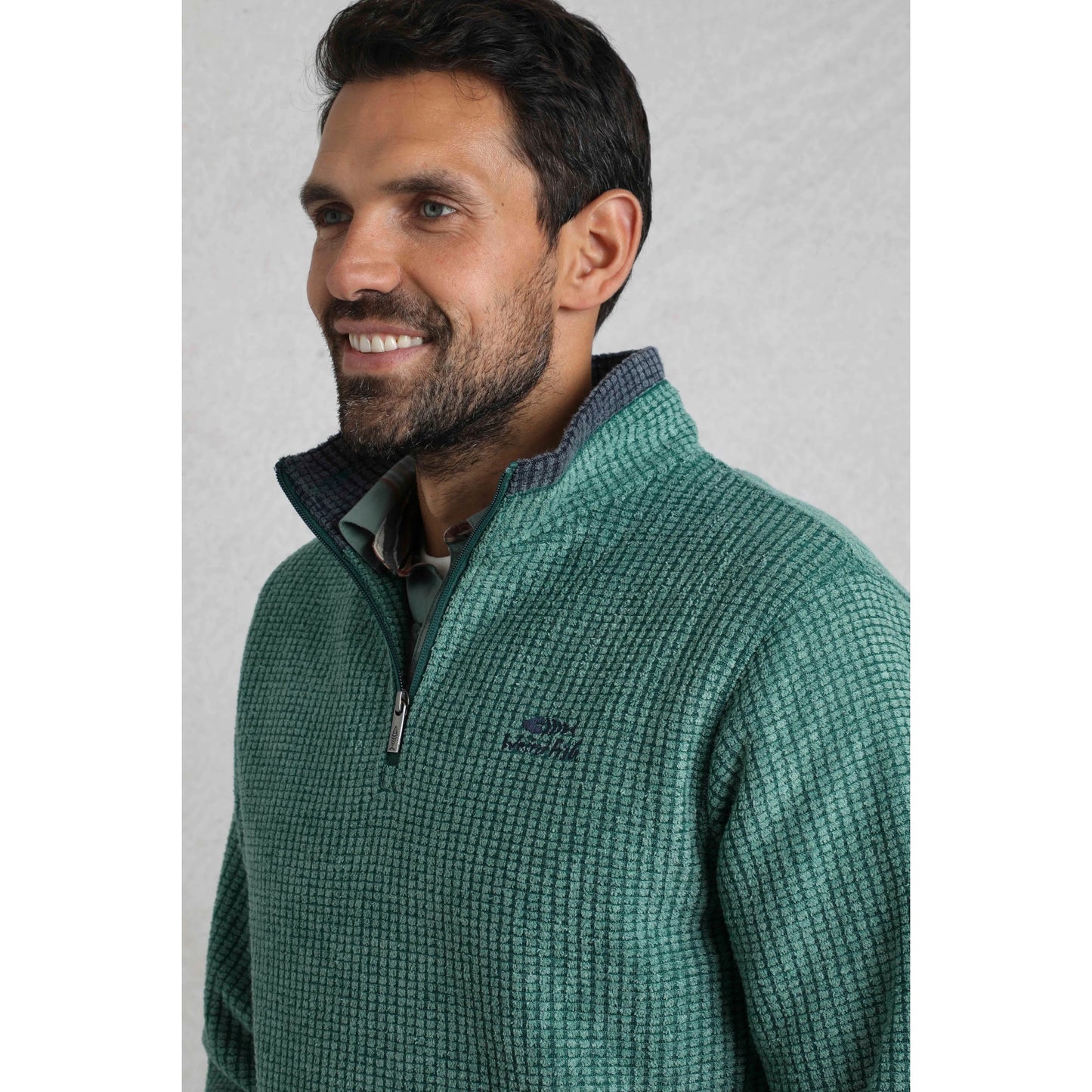 Weird Fish mens Newark grid fleece in Leaf Green quarter zip pullover with textured pattern