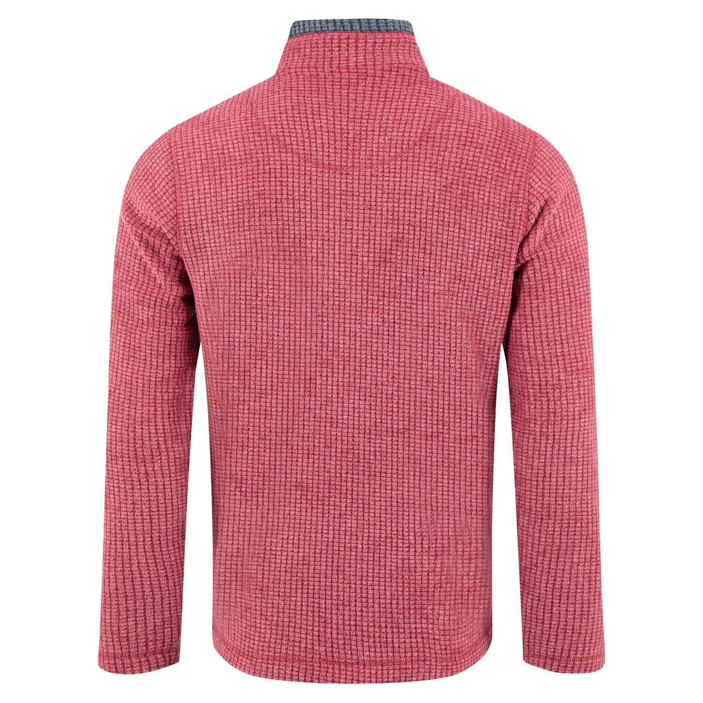 Weird Fish mens Newark grid fleece in Rhubarb red shown from the back with textured pattern and long sleeves
