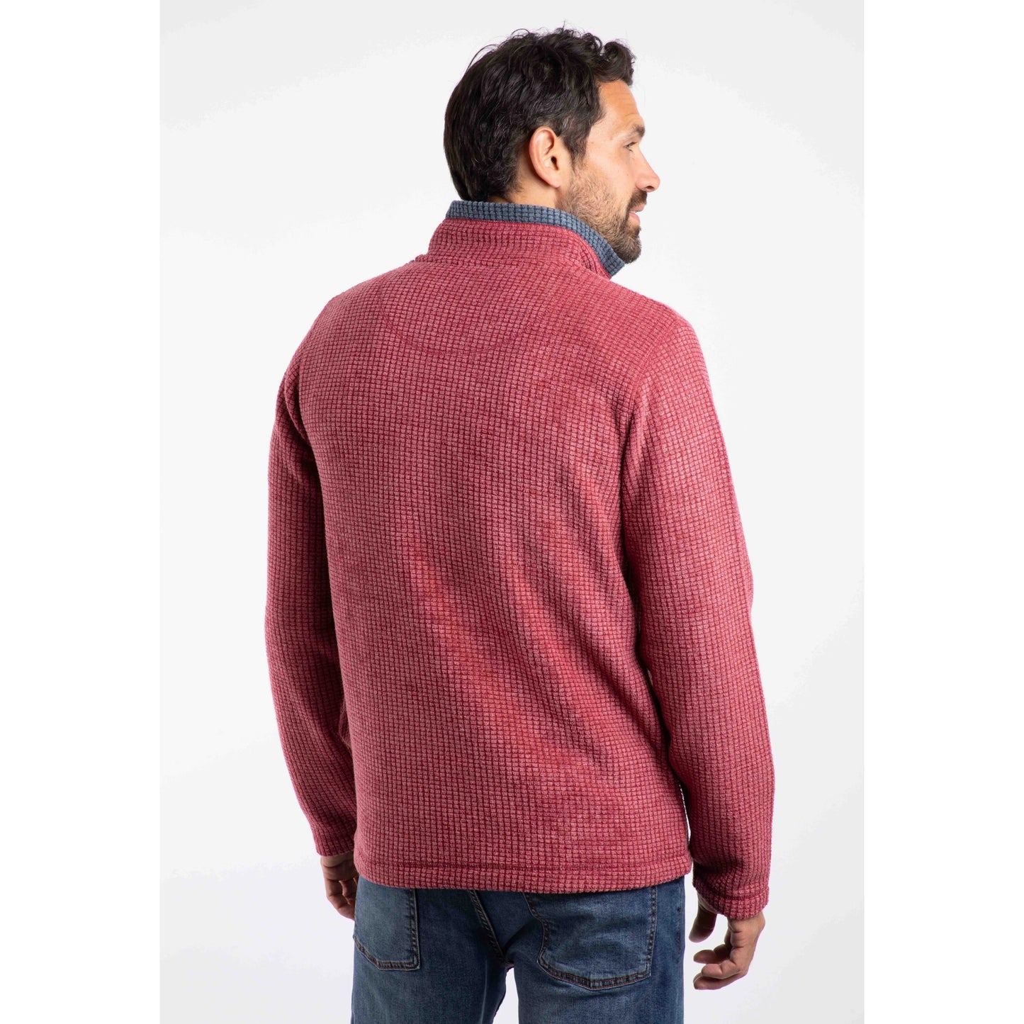 Weird Fish mens Newark grid fleece in Rhubarb red shown from the back worn by a man with long sleeves