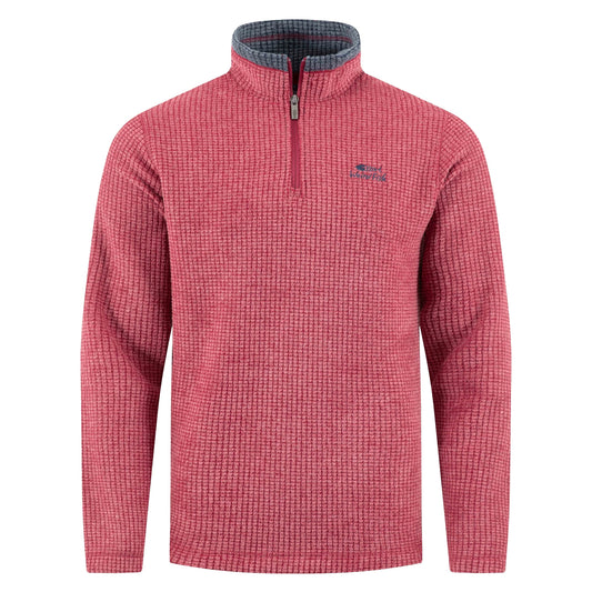 Weird Fish mens Newark grid fleece in Rhubarb red long sleeve quarter zip pullover