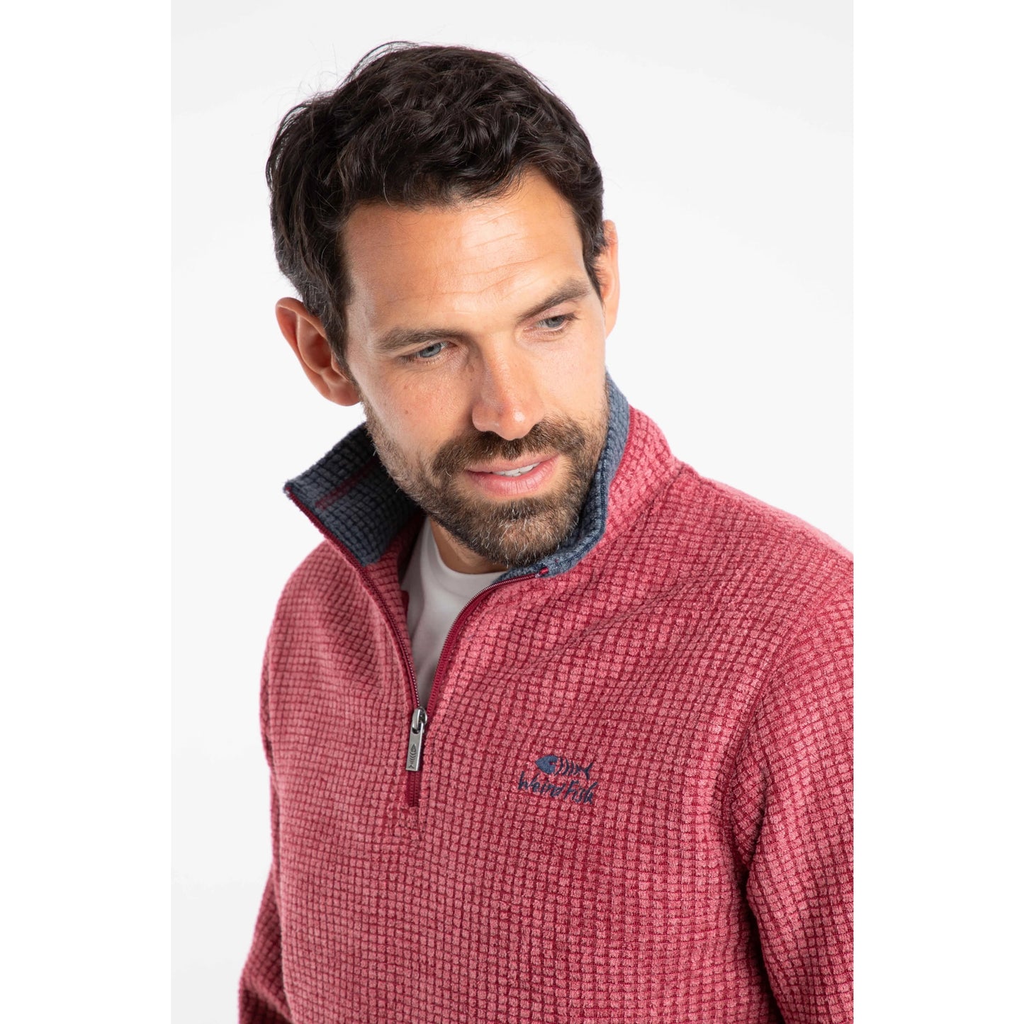 Weird Fish mens Newark grid fleece in Rhubarb red with half zip and textured pattern