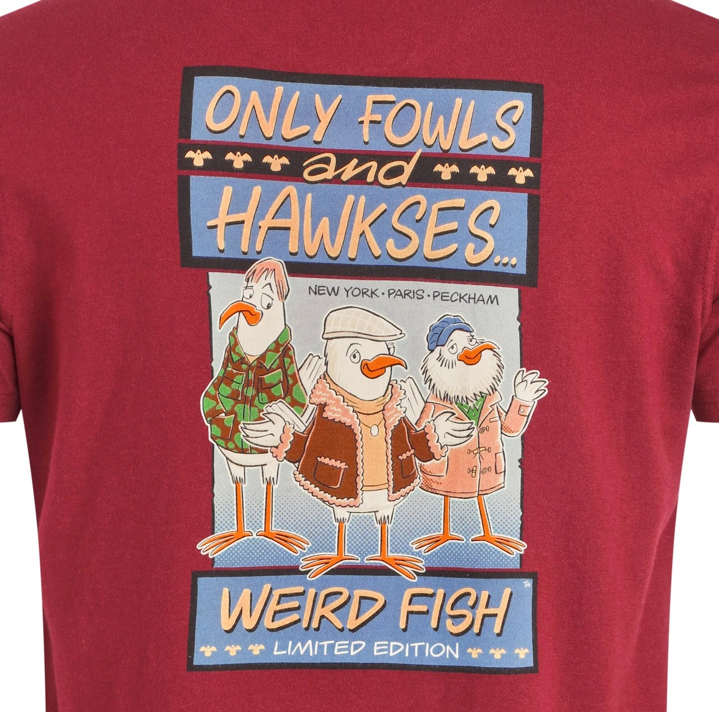 Weird Fish mens only fowls hawkses tee red featuring cartoon bird characters in jackets and hats