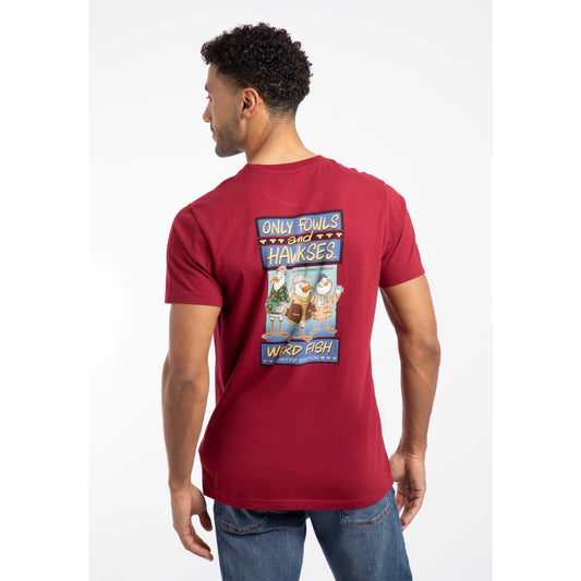 Weird Fish mens only fowls hawkses tee red with graphic print on back worn by male model