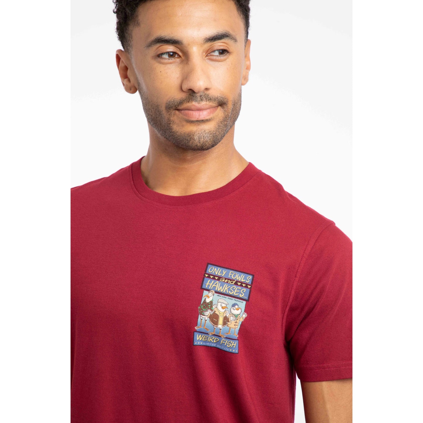 Weird Fish mens only fowls hawkses tee red with cartoon bird graphic on chest