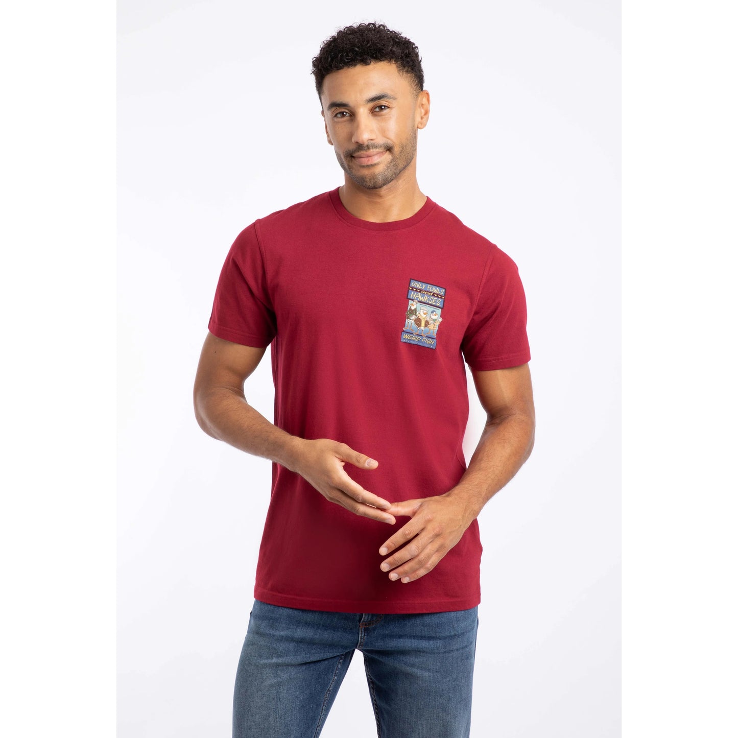 Weird Fish mens only fowls hawkses tee red worn by man with short hair and blue jeans