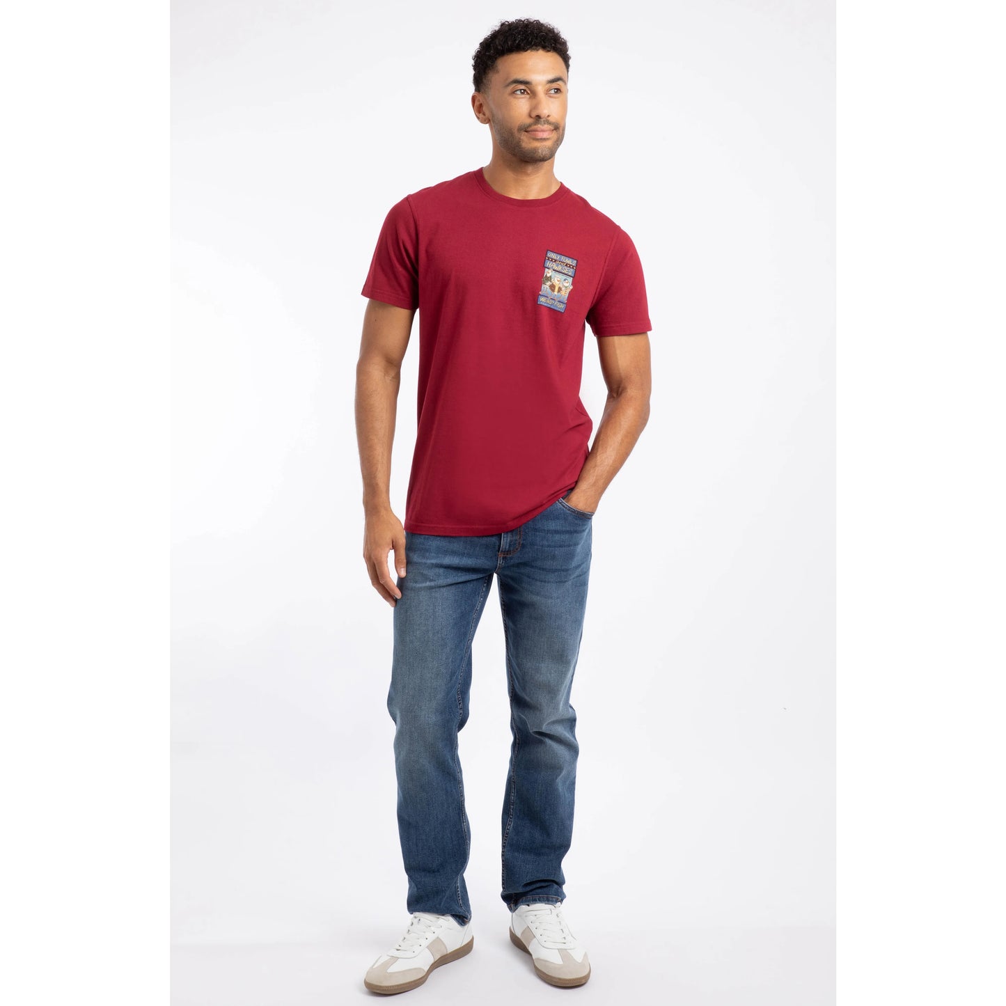 Weird Fish mens only fowls hawkses tee red worn by male model with graphic print and casual jeans