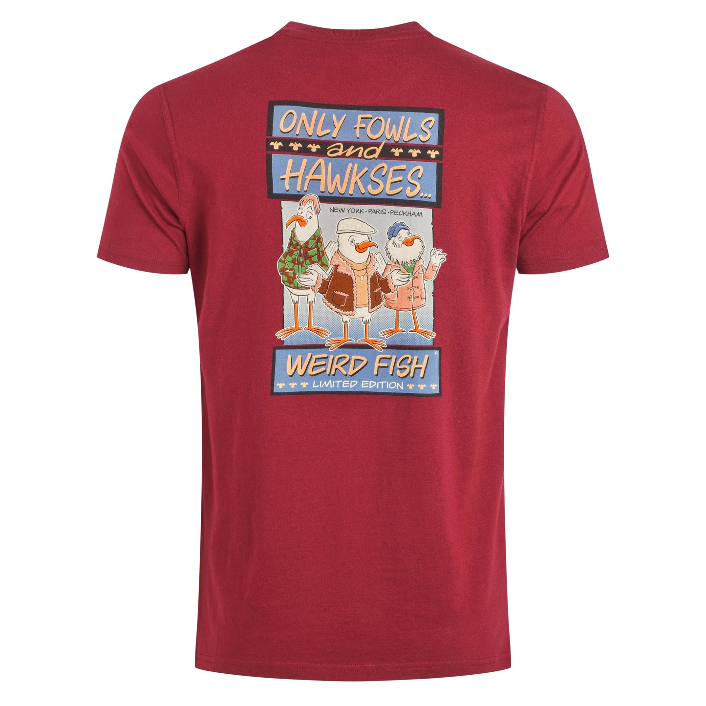 Main view of Weird Fish mens only fowls hawkses tee red with graphic cartoon birds on back