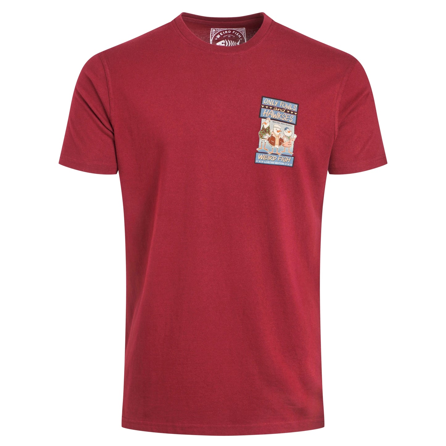 Weird Fish mens only fowls hawkses tee red with graphic print on chest and short sleeves