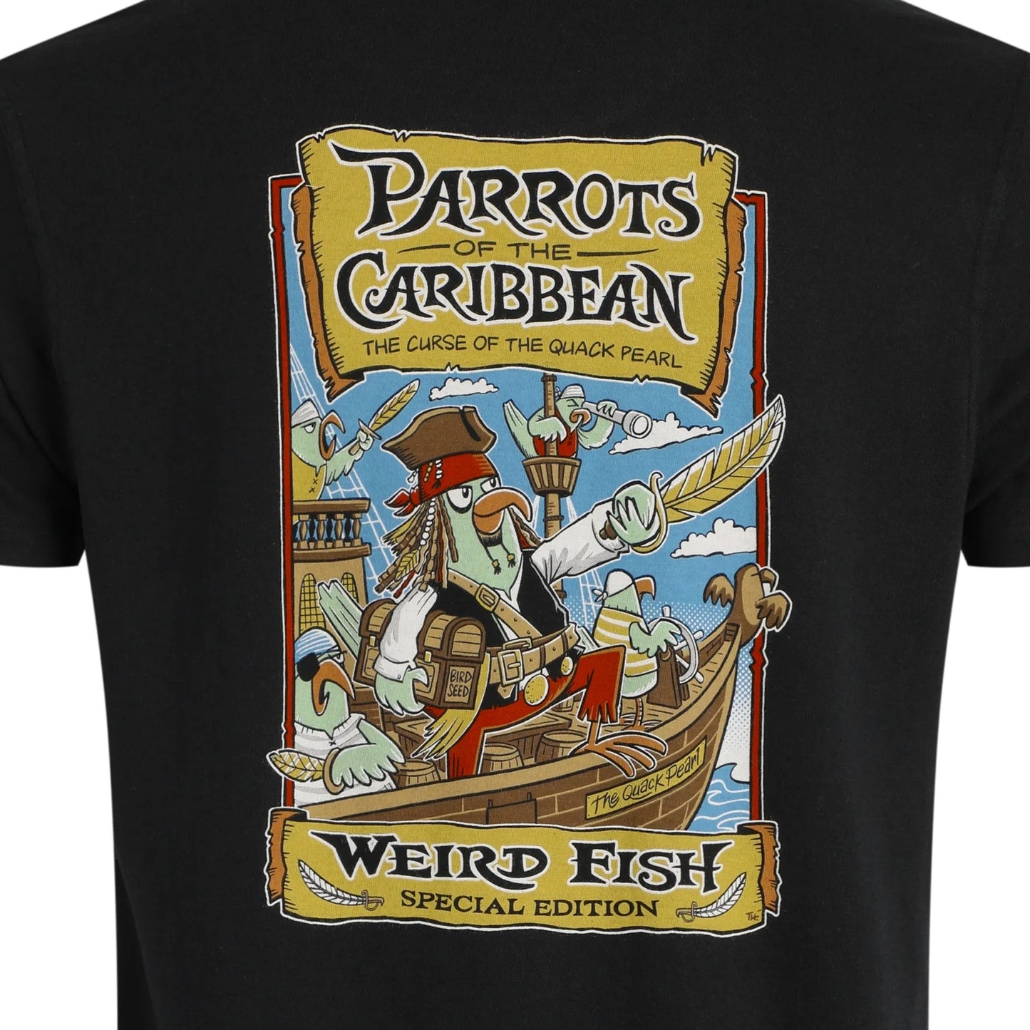 Weird Fish mens Parrots Caribbean tee featuring pirate parrot graphic on black t-shirt