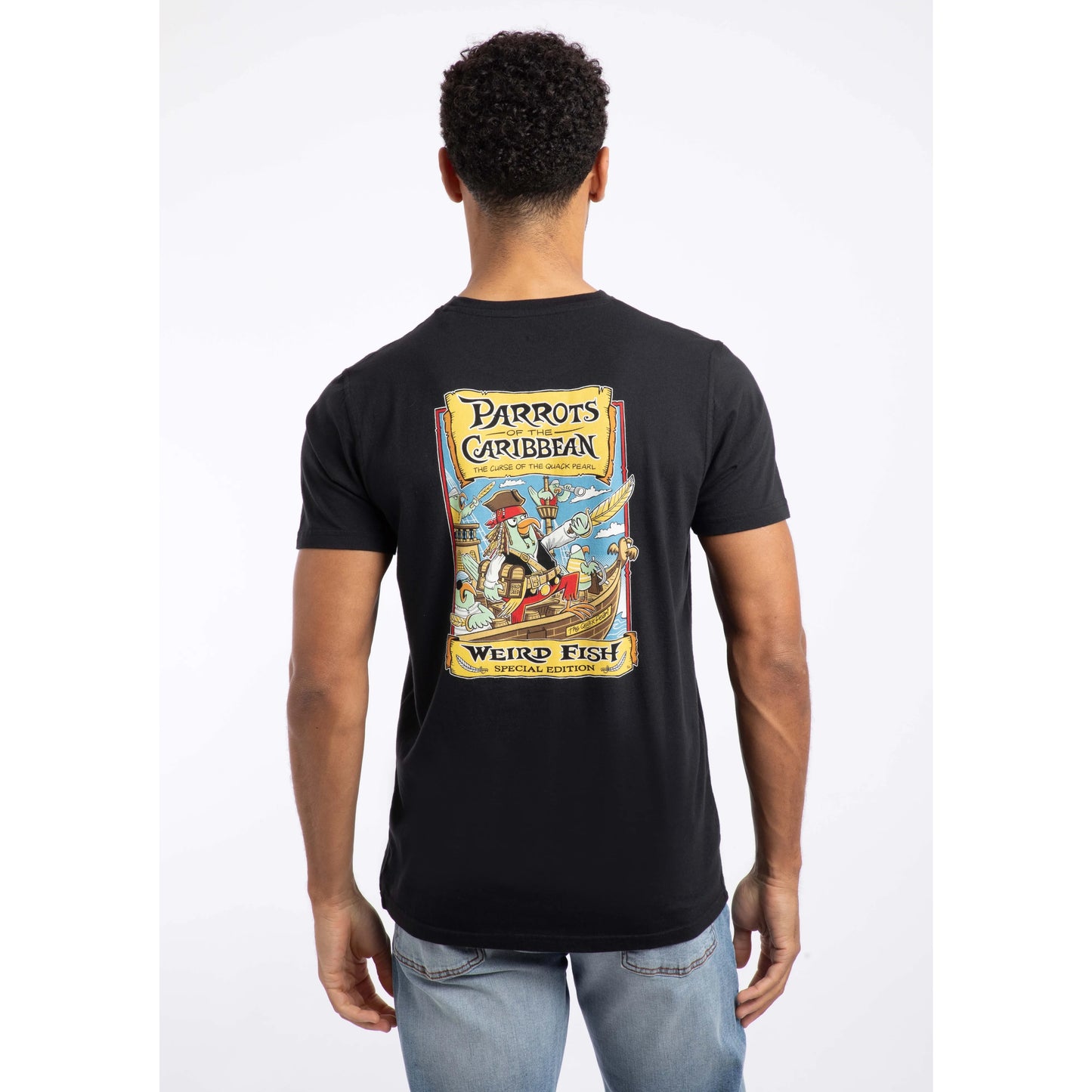 Weird Fish mens Parrots Caribbean tee black T-shirt with colourful pirate and parrot graphic on back