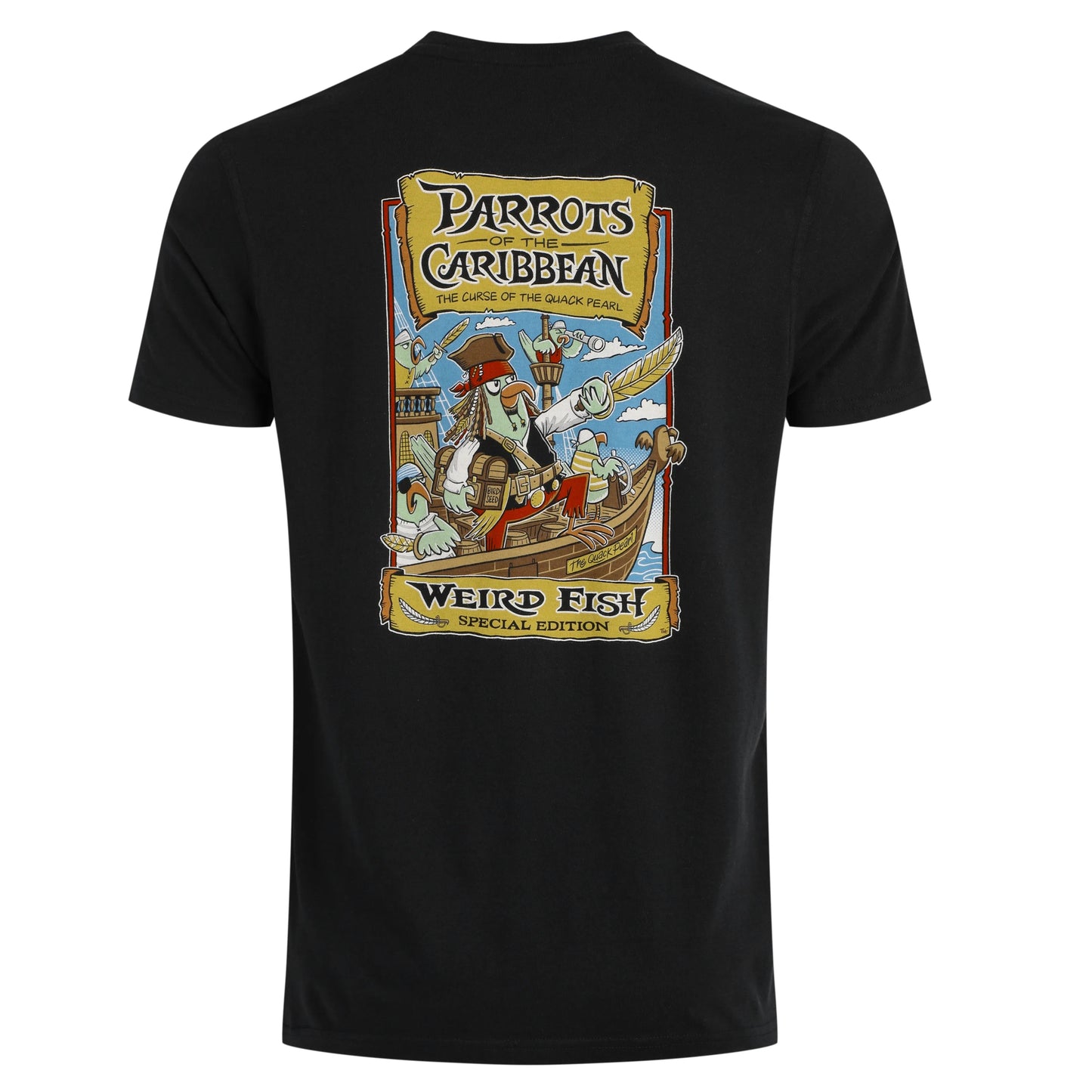 Weird Fish mens Parrots Caribbean tee black with colourful pirate parrot graphic on back