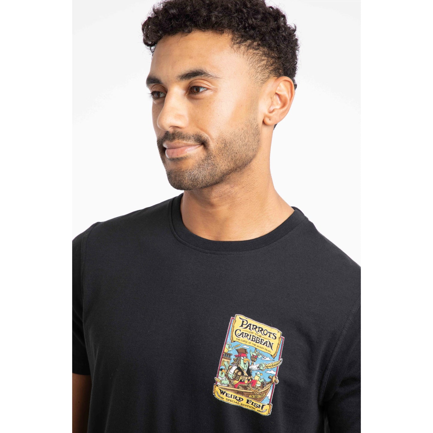 Weird Fish mens Parrots Caribbean tee in black with colourful parrot graphic on chest