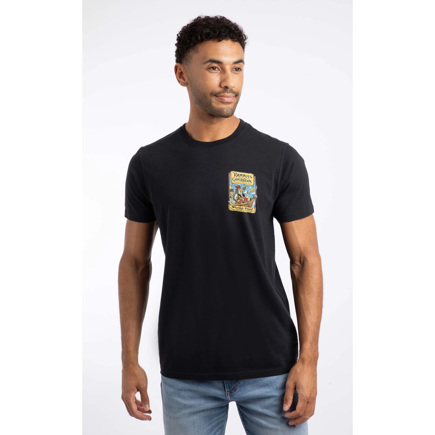 Weird Fish mens Parrots Caribbean tee black short sleeve t-shirt with colourful chest patch