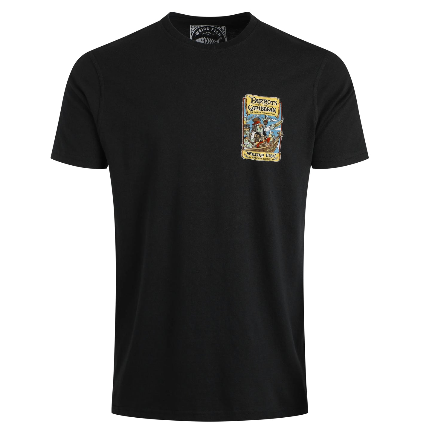 Weird Fish mens Parrots Caribbean tee black t-shirt with colourful parrot graphic on chest