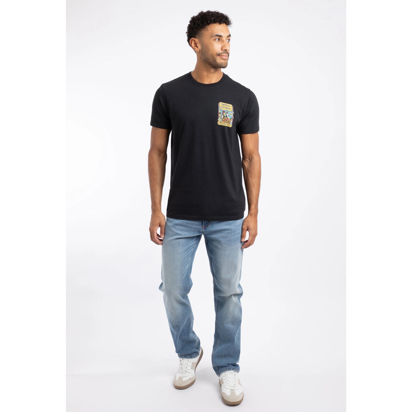 Weird Fish mens Parrots Caribbean tee black t-shirt with colourful parrot graphic worn by male model