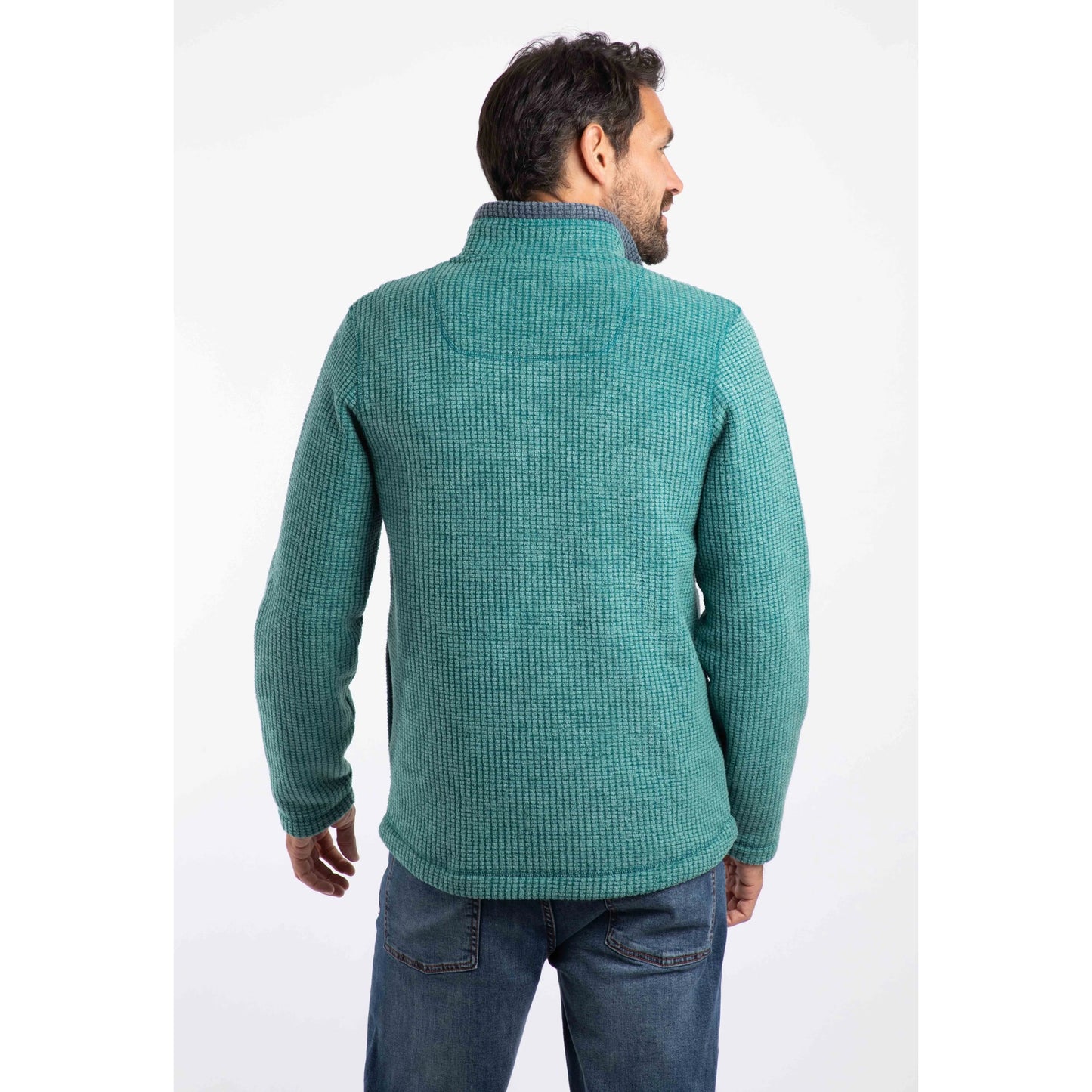 Back view of a man wearing Weird Fish mens Shires full zip grid fleece Leaf Green with long sleeves
