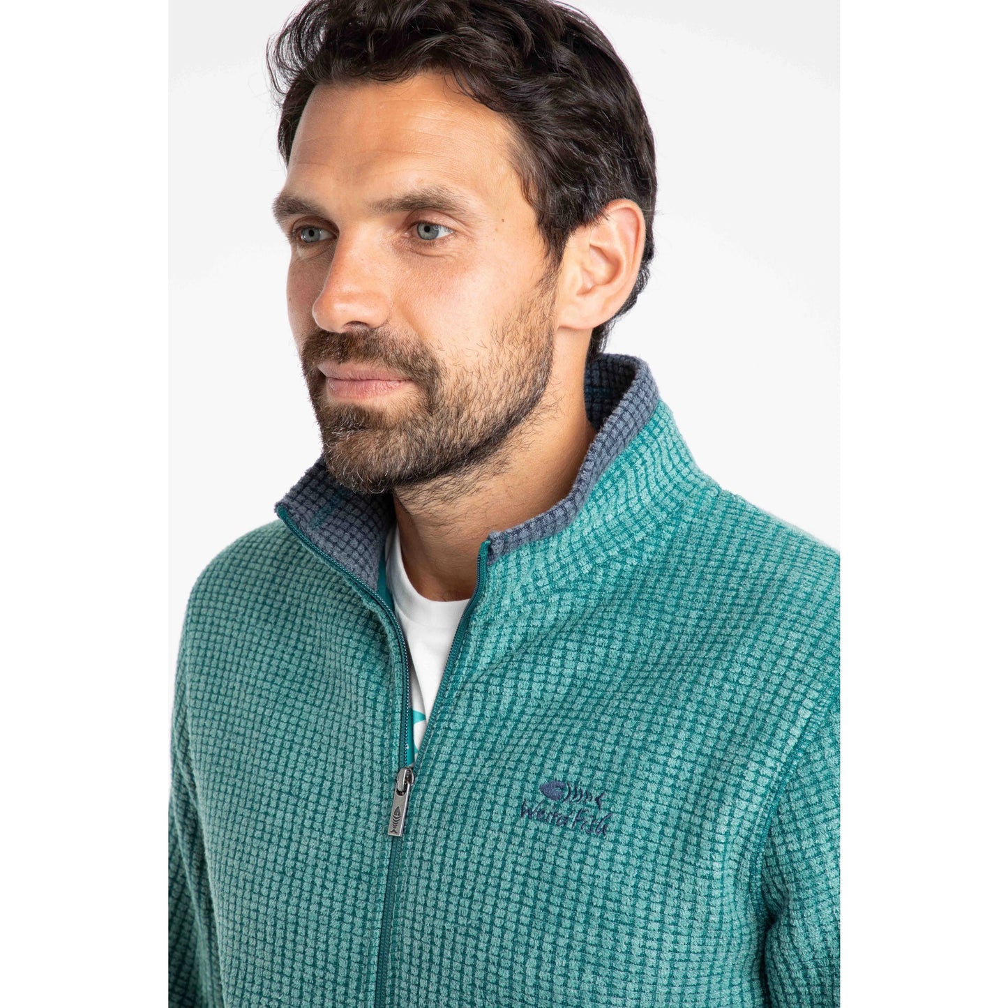 Weird Fish mens Shires full zip grid fleece Leaf Green on male model with high collar and zip pocket