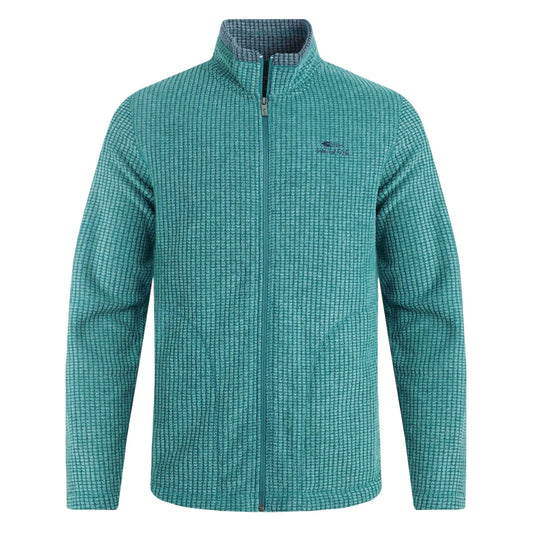 Front view of a Weird Fish mens Shires full zip grid fleece Leaf Green with high collar and textured pattern