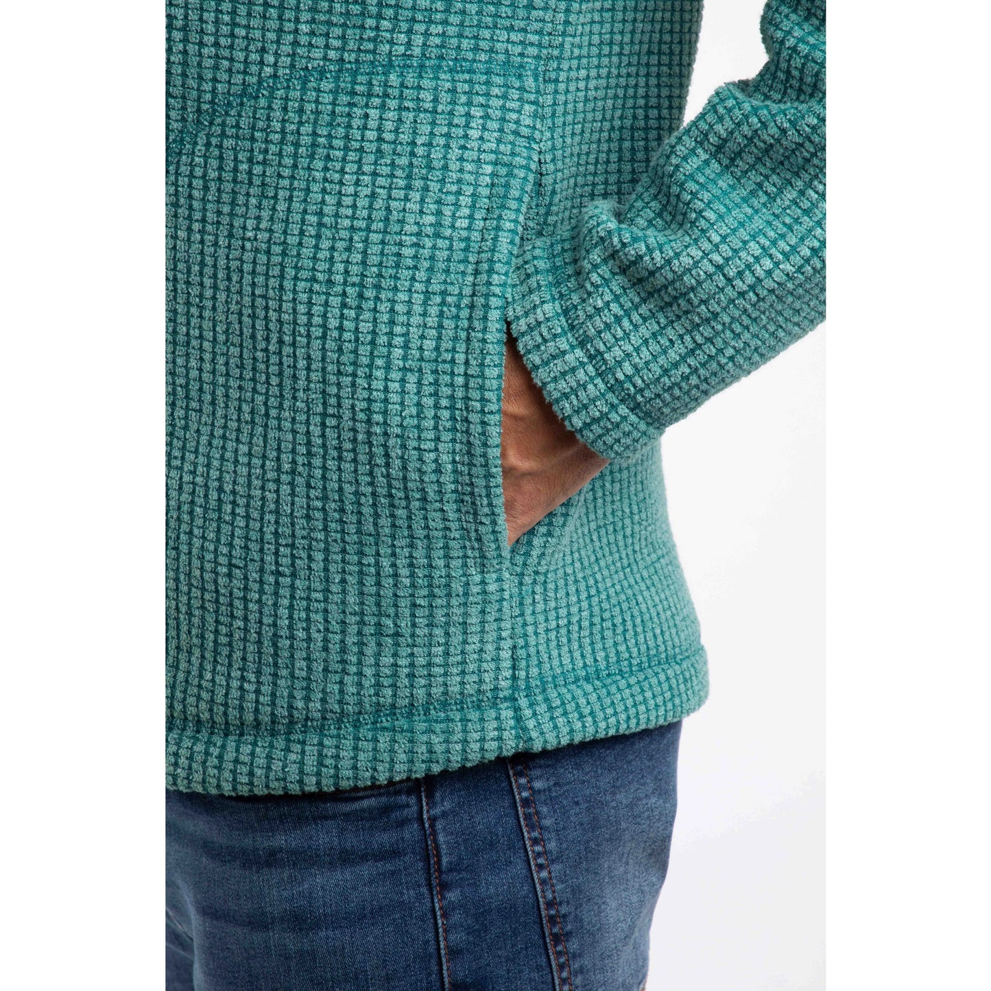 Weird Fish mens Shires full zip grid fleece Leaf Green close-up of textured fabric and side pocket