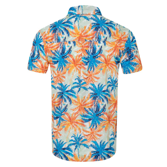 Back view of a men's Weird Fish short sleeve Faraway shirt in Paprika orange and blue with a tropical palm tree pattern
